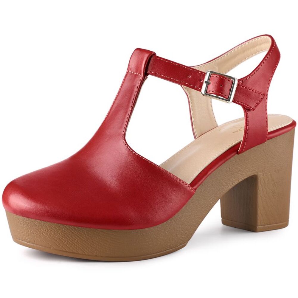 Platform T-Strap Clog Chunky Heels Red Sandals